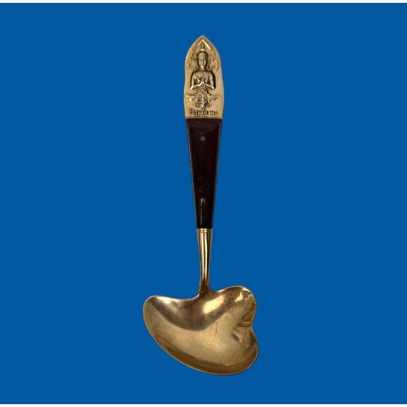 Vintage Condiment Sugar Spoon Buddha Bronze Brass Rosewood Siam Thailand 5.5” - Picture 1 of 7